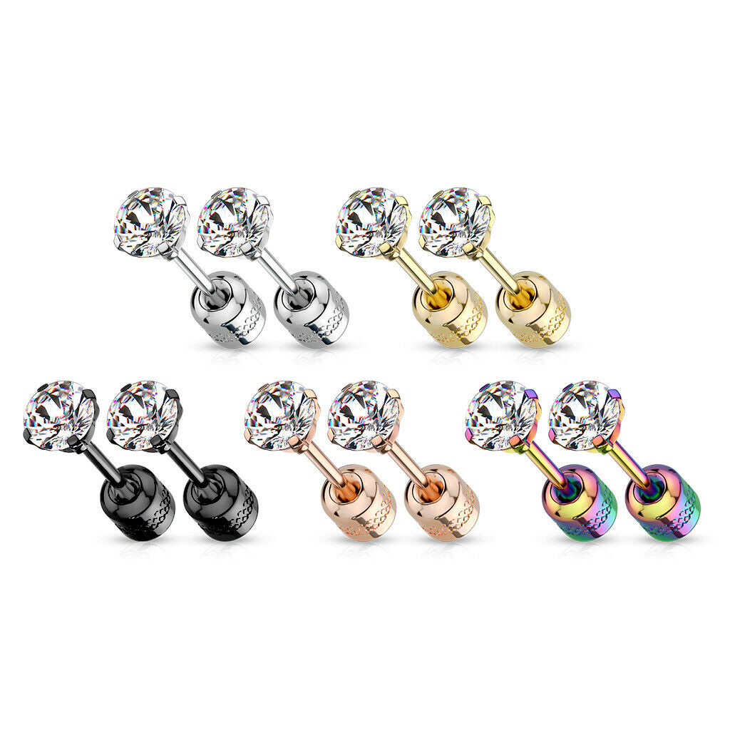 PAIR Prong Set CZ Gem Stud Gold Earrings w/ Gem Centered Screw Back Steel