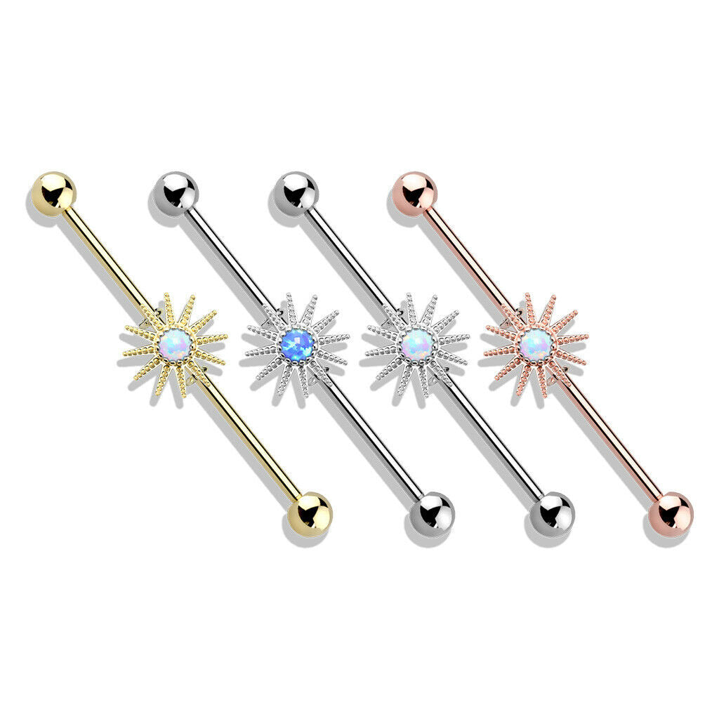 1pc Opal Center Sunburst Industrial Barbell Sun 38mm, 1.5", 1 & 1/2 inch inches