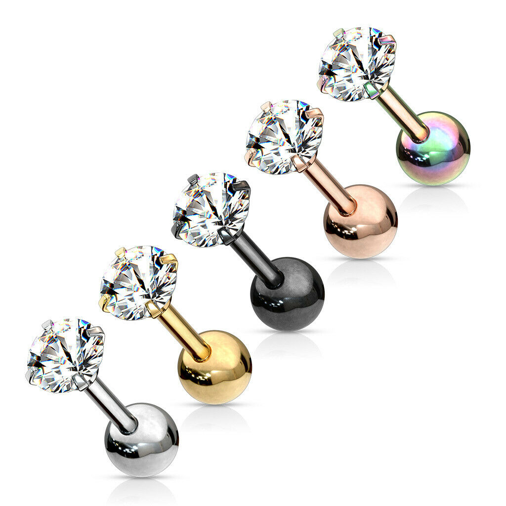1pc Round CZ Gem Ion Plated Tragus Stud Helix Cartilage Ring Earring 16g 1/4"