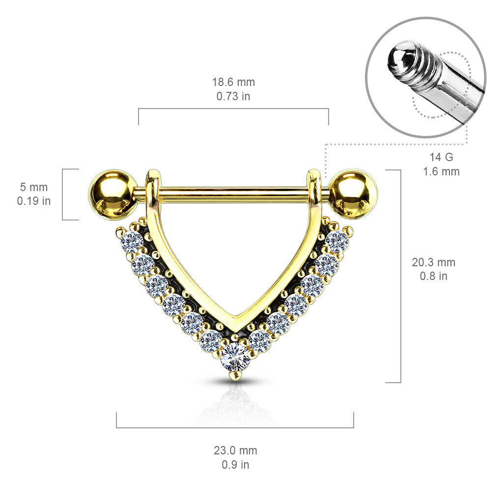 PAIR CZ Gem Paved Black Enamel Dangle Nipple Shields Rings Steel Barbells