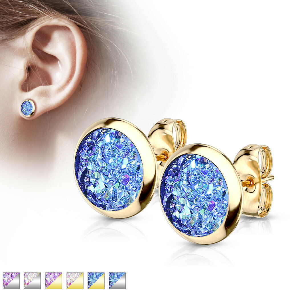 PAIR of Druzy Stone Set Stud Earrings 20g 316L Stainless Steel