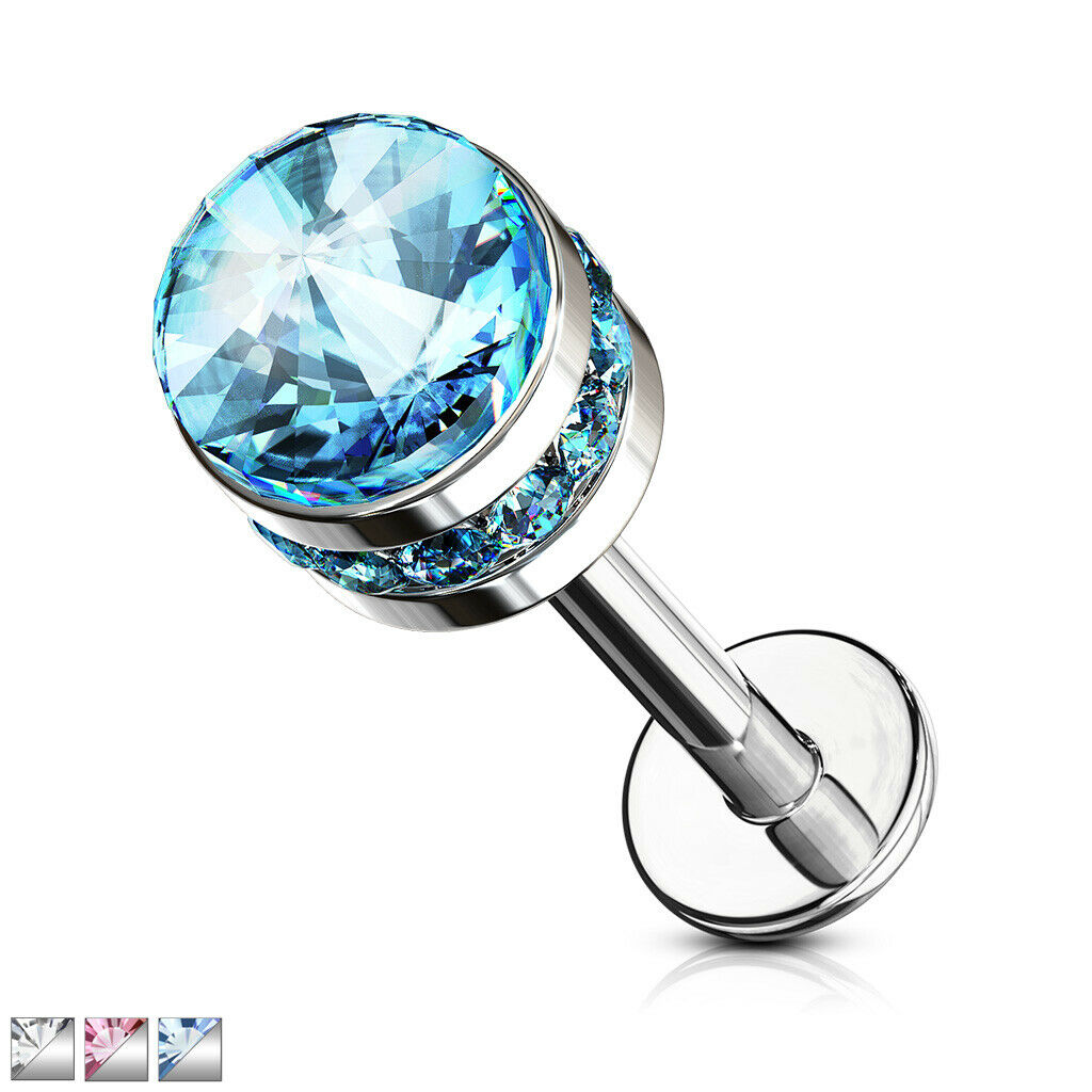 1pc Cystal Paved Side Gem Cylinder 16g Labret Internally Threaded Helix Tragus