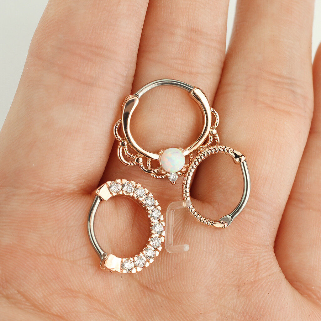 3pc Value Pack: 14g Opal / CZ Gem / Rope Septum Clicker Rings, w/free Retainer!
