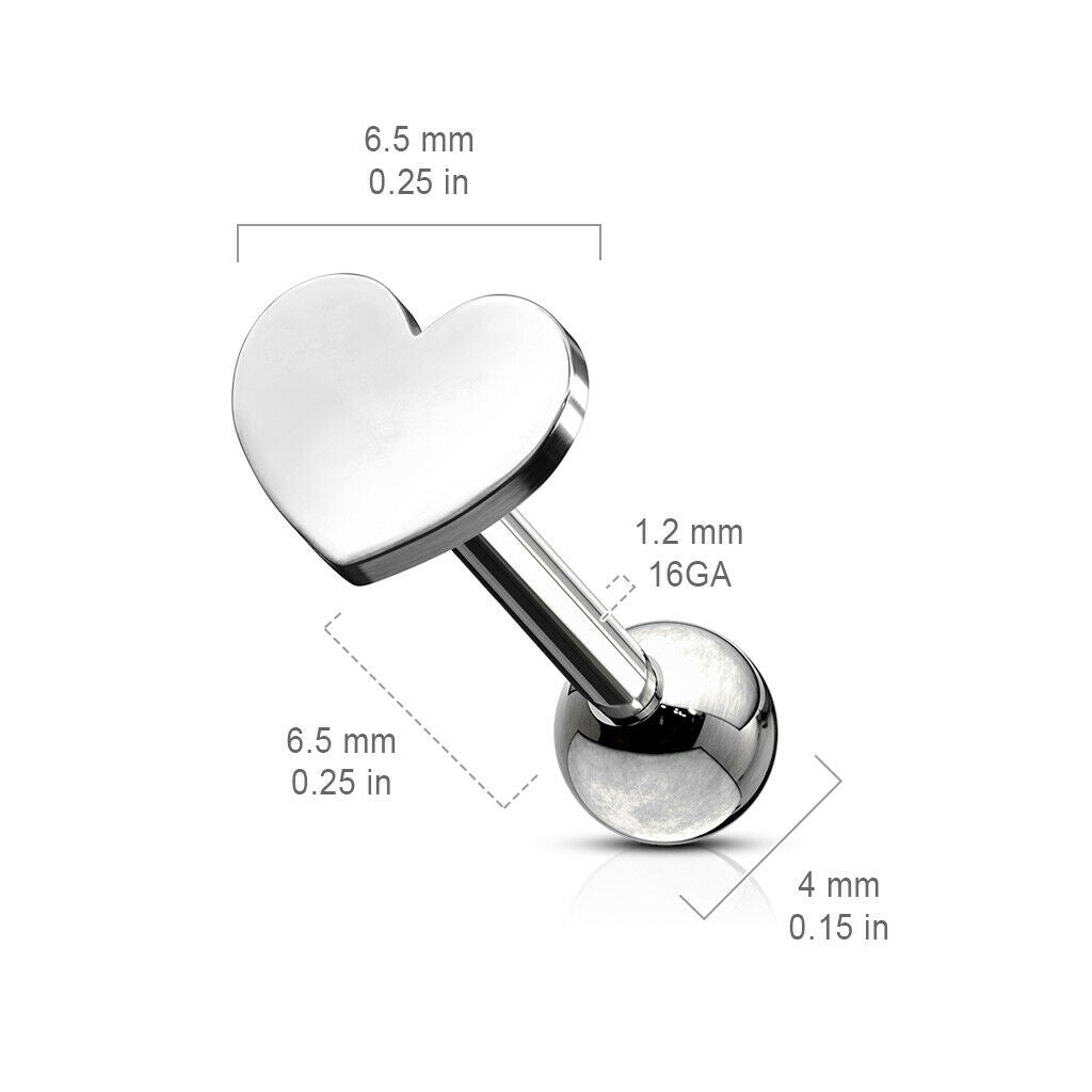 1pc Flat Heart Top Helix Tragus Cartilage Bar Stud Earring 316L Surgical Steel