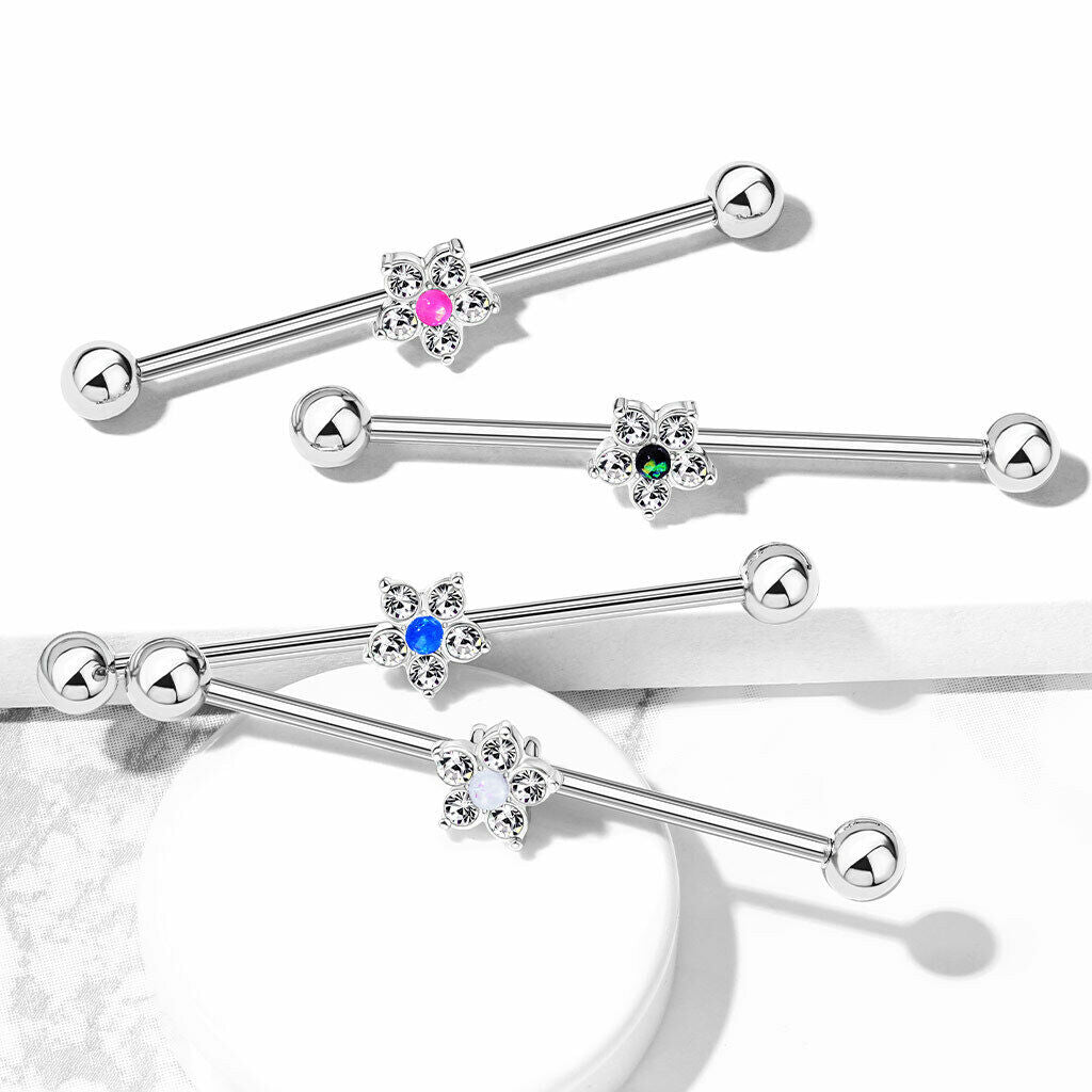 1pc Opal Glitter Centered CZ Gem Flower Industrial Barbell 14g 1.5"