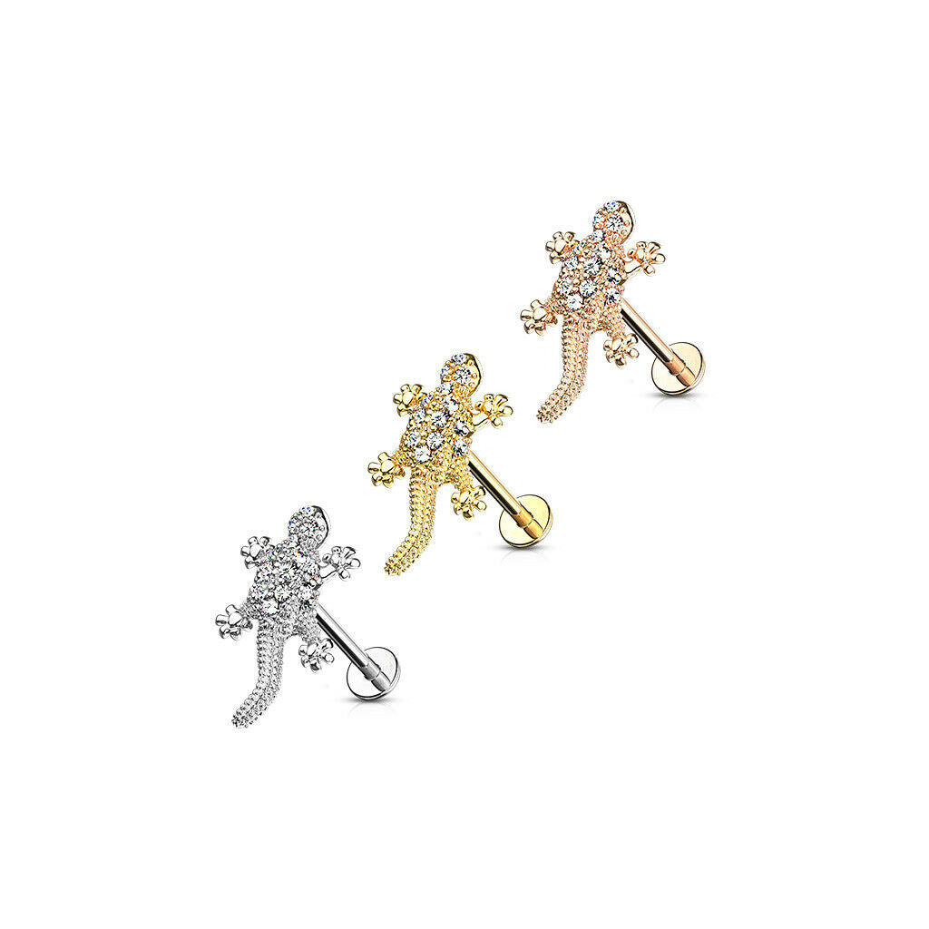 1pc CZ Paved Lizard 16g Labret Internally Threaded Steel Monroe Tragus Helix