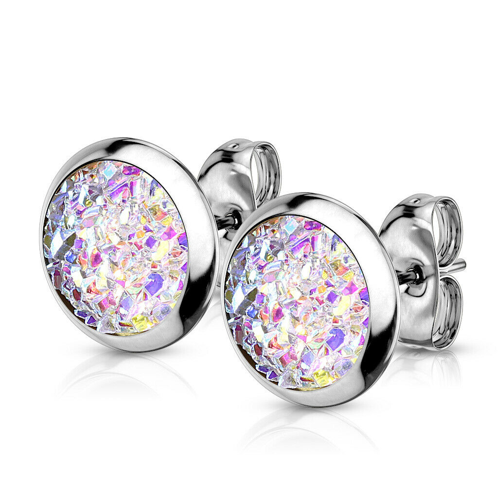 PAIR of Druzy Stone Set Stud Earrings 20g 316L Stainless Steel
