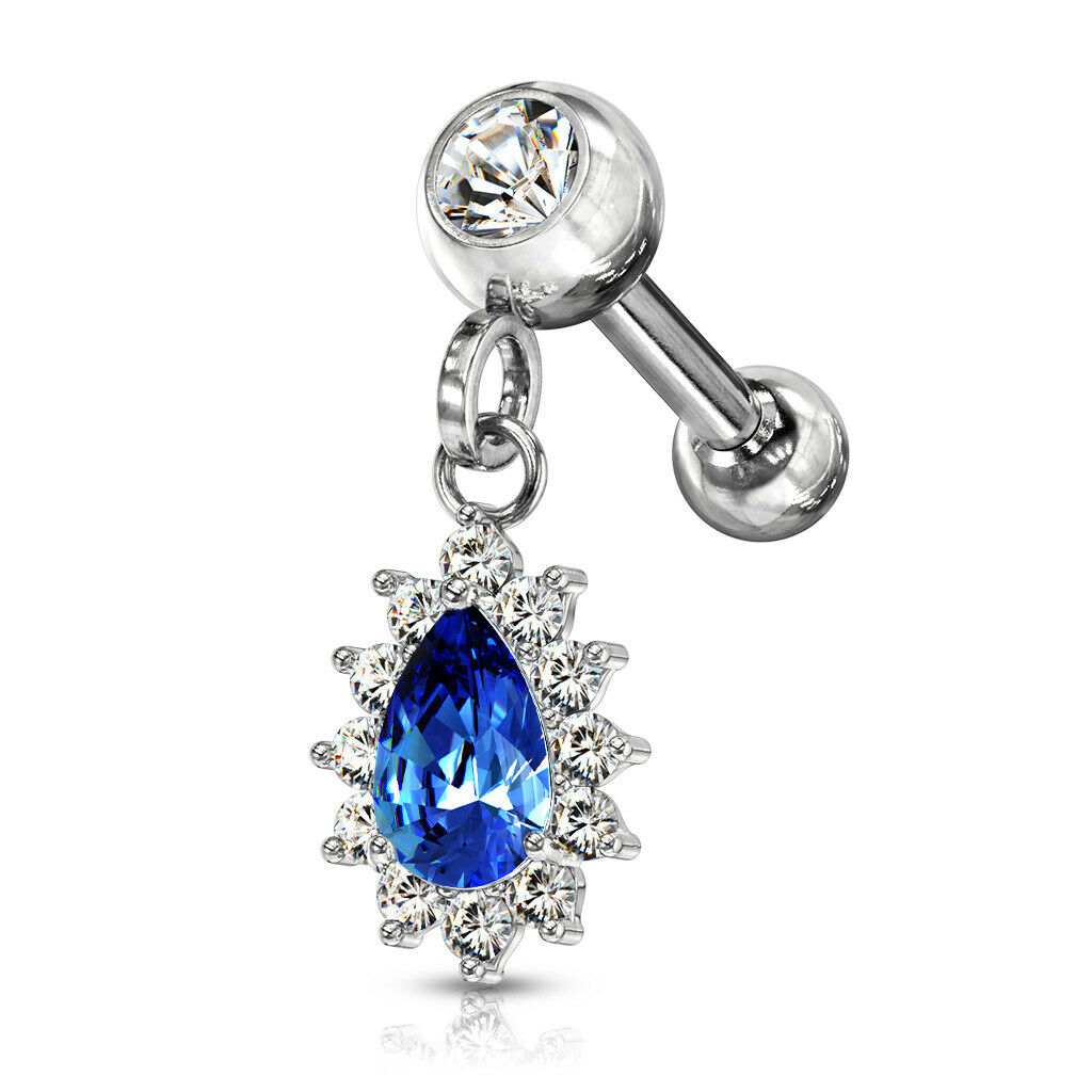 1pc CZ Gem Pear Dangle Surgical Steel Tragus Cartilage Barbell Ring 16g 1/4