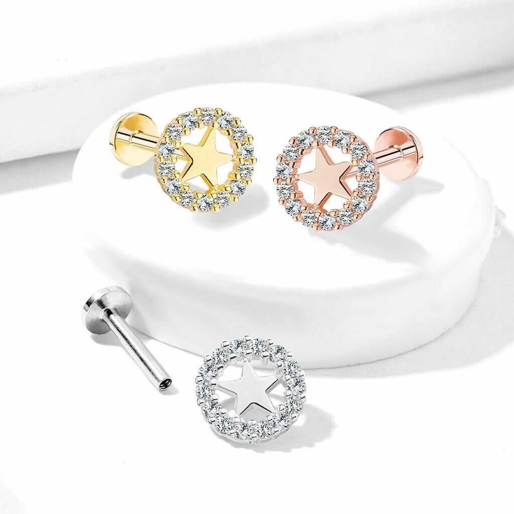 1pc Gem Circle Star 16g Labret Internally Threaded Steel Monroe Tragus Helix