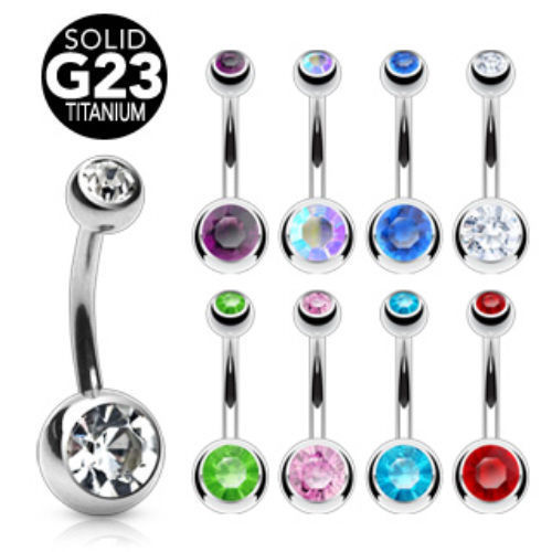 Solid Titanium Double CZ Gem Ball Belly Ring Pierced Navel Naval