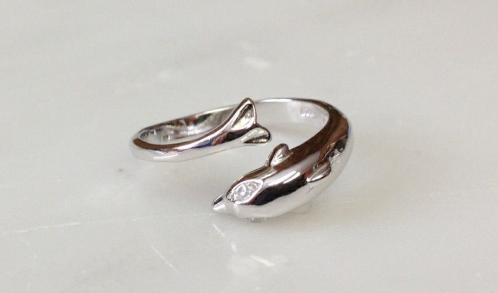 .925 Sterling Silver Dolphin W/ Clear CZ Gem Eyes Toe Ring