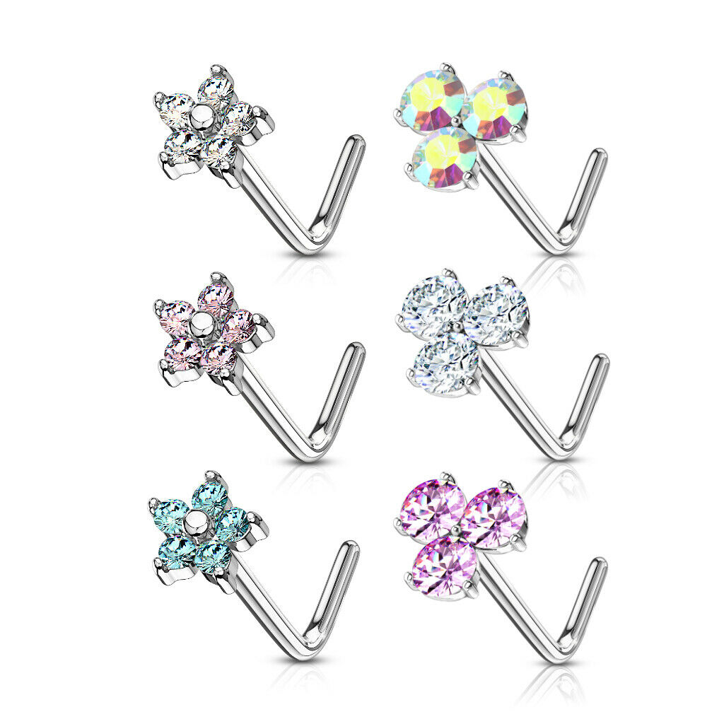 6pcs Triangle & Flower CZ Gem L-Bend Nose Stud Rings Screws 20g Box Value Pack