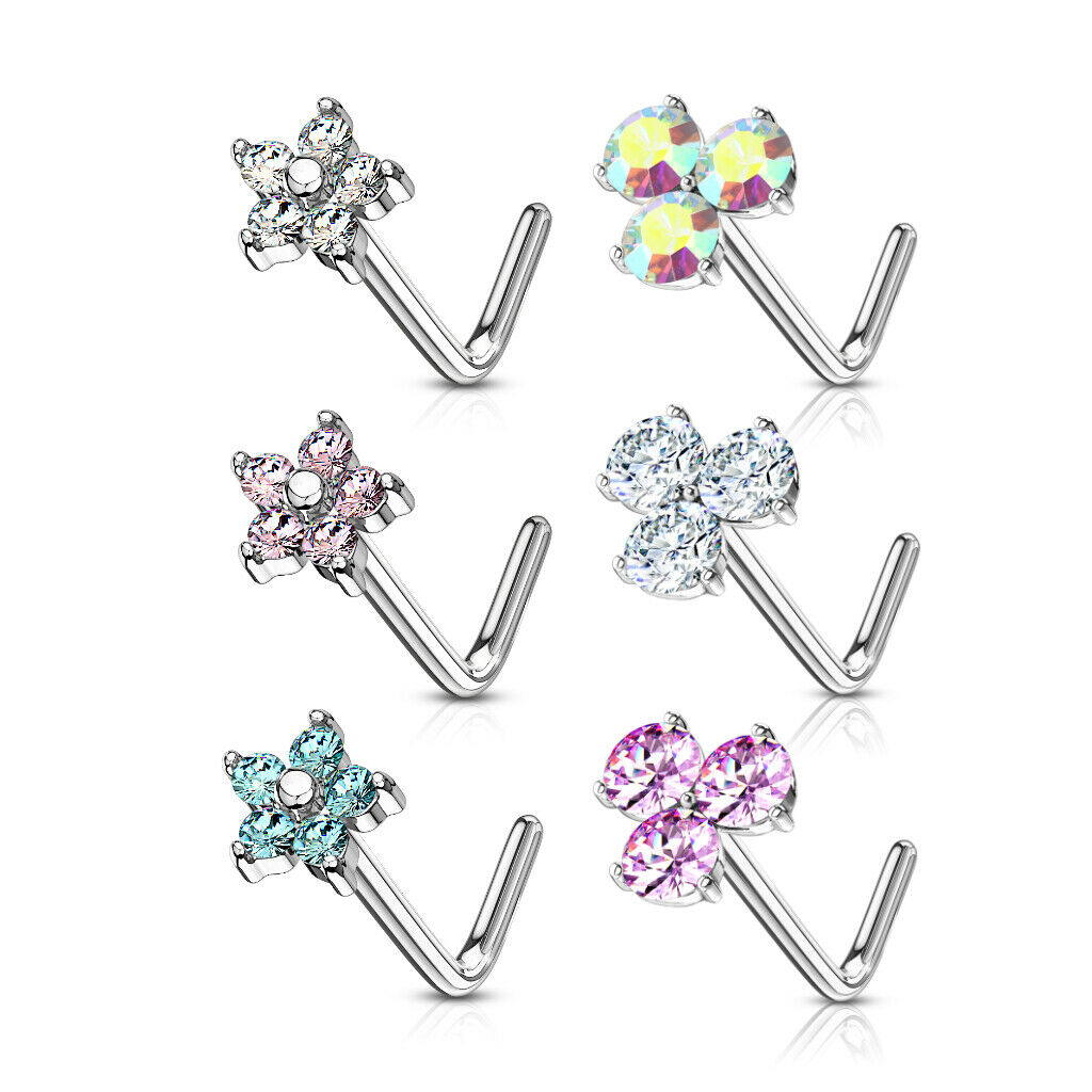 6pcs Triangle & Flower CZ Gem L-Bend Nose Stud Rings Screws 20g Box Value Pack