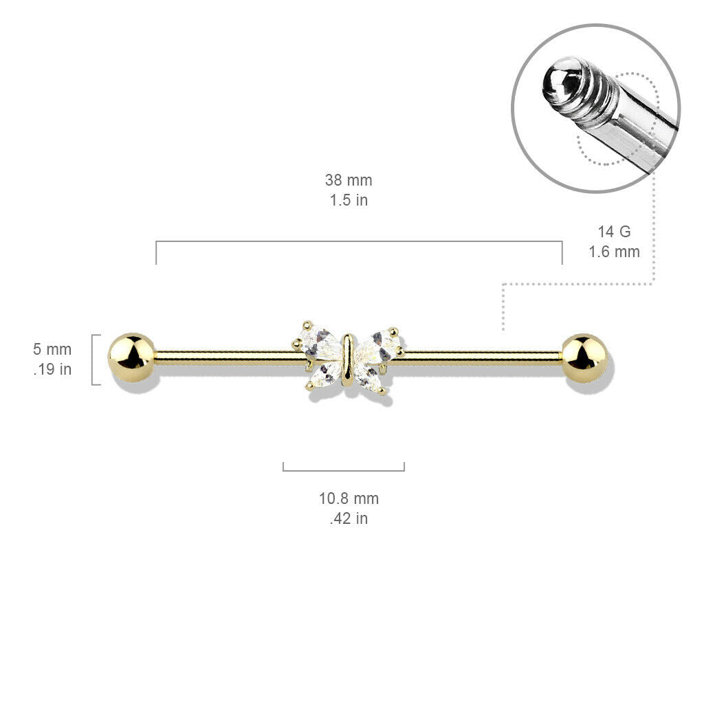 1pc CZ Gem Butterfly Industrial Barbell 38mm, 1.5", 1 & 1/2 inch inches