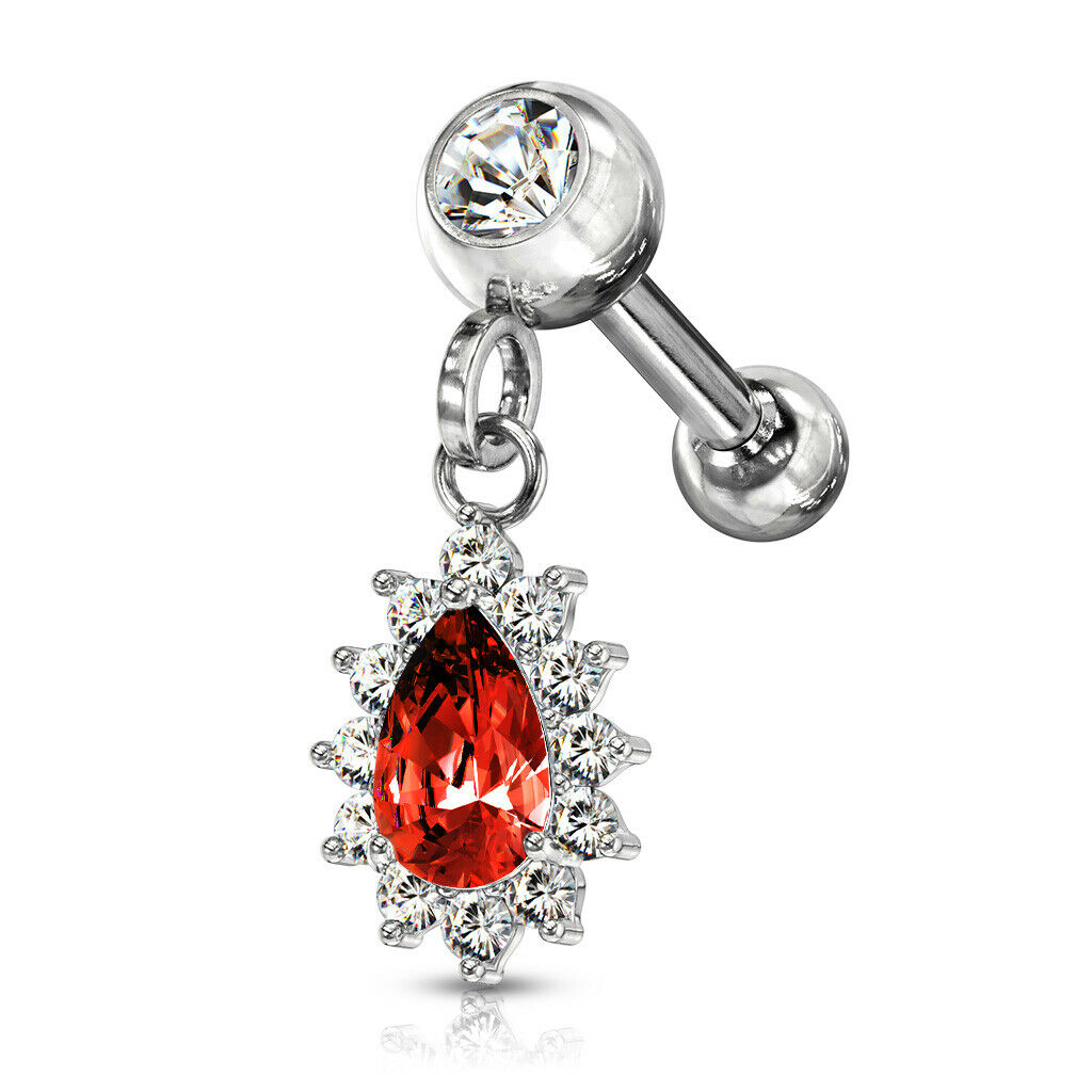 1pc CZ Gem Pear Dangle Surgical Steel Tragus Cartilage Barbell Ring 16g 1/4