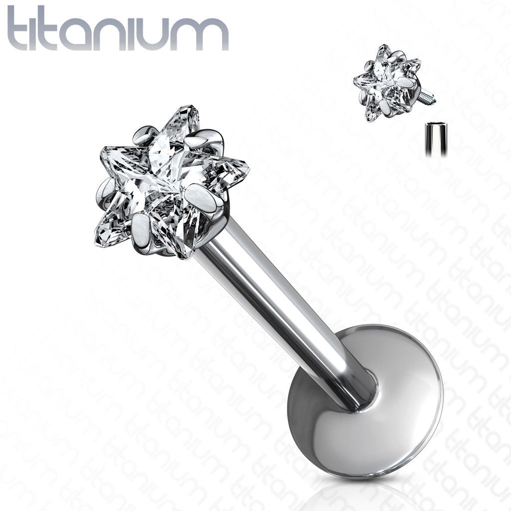 1pc Internally Threaded Solid Titanium Star Gem Labret, Monroe Stud Lip Ring