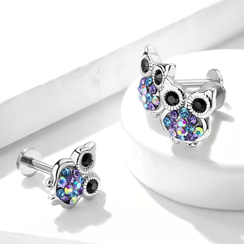 1pc Multi Color Gemmed Owl Labret 16g Internally Threaded Steel Helix Tragus