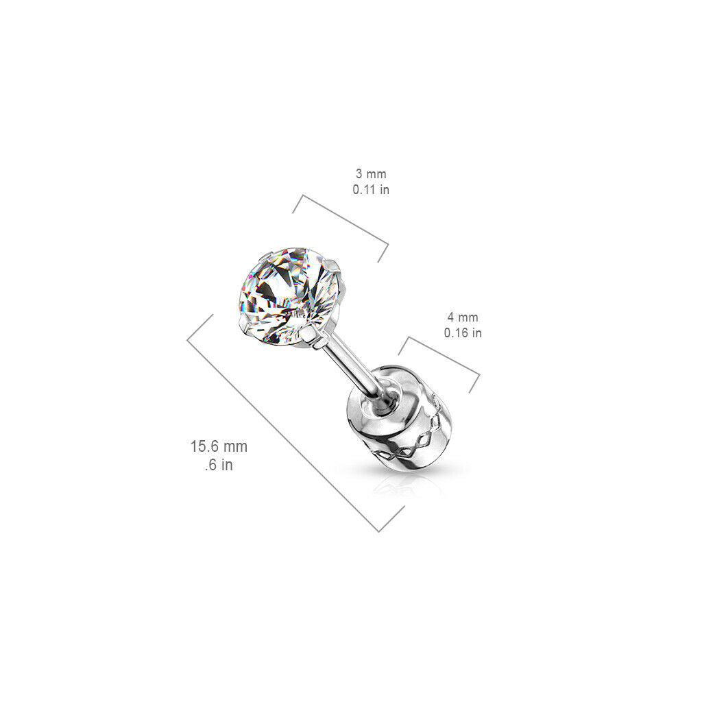 PAIR Prong Set CZ Gem Stud Earrings w/ Gem Centered Screw Back Surgical Steel