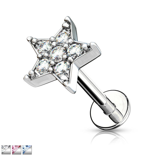 1pc CZ Paved Star 16g Labret Monroe Internally Threaded Steel Helix Tragus