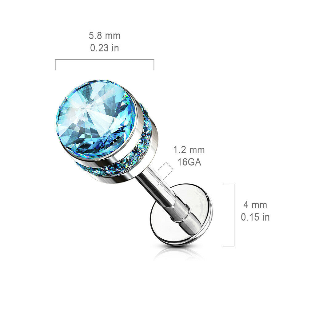 1pc Cystal Paved Side Gem Cylinder 16g Labret Internally Threaded Helix Tragus