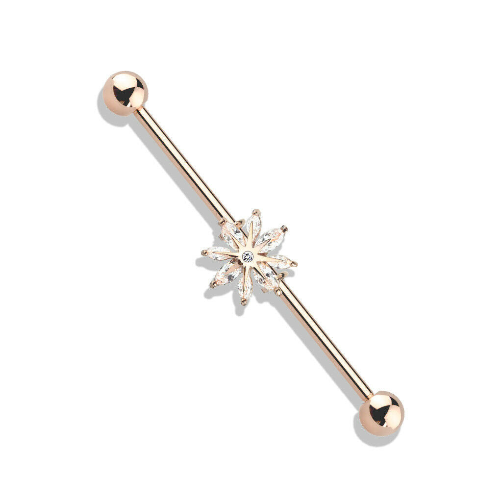 1pc Marquise CZ Gem Snowflake Industrial Barbell 38mm, 1.5", 1 & 1/2 inch inches