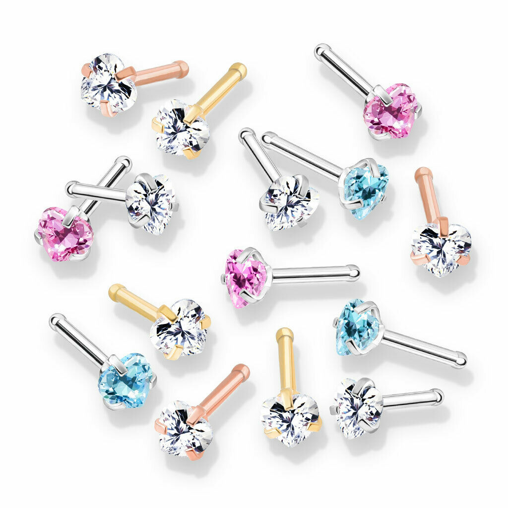 5pcs Prong Set Heart Gem Nose Ring Studs Bones 316L Surgical Steel Body Jewelry