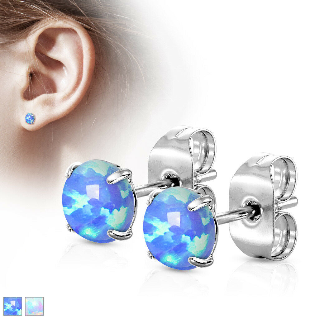 PAIR Prong Set Opal Earrings 316L Surgical Steel - choose from 2 colors, 3 sizes