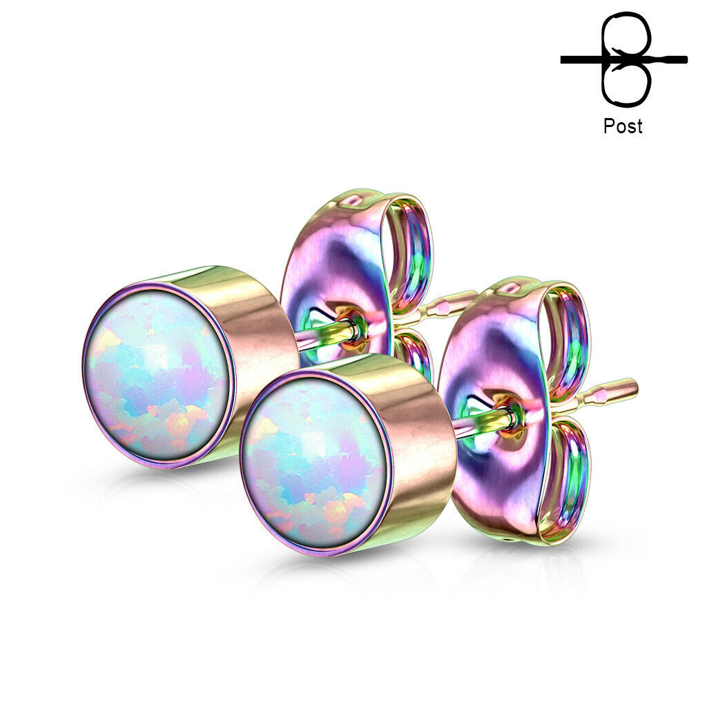 PAIR of Round Opal Bezel Set Earrings 20g 316L Stainless Steel