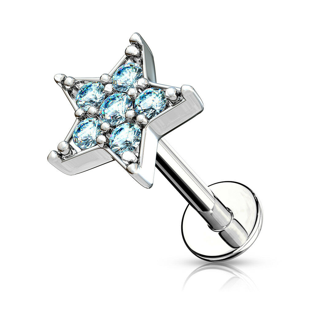 1pc CZ Paved Star 16g Labret Monroe Internally Threaded Steel Helix Tragus