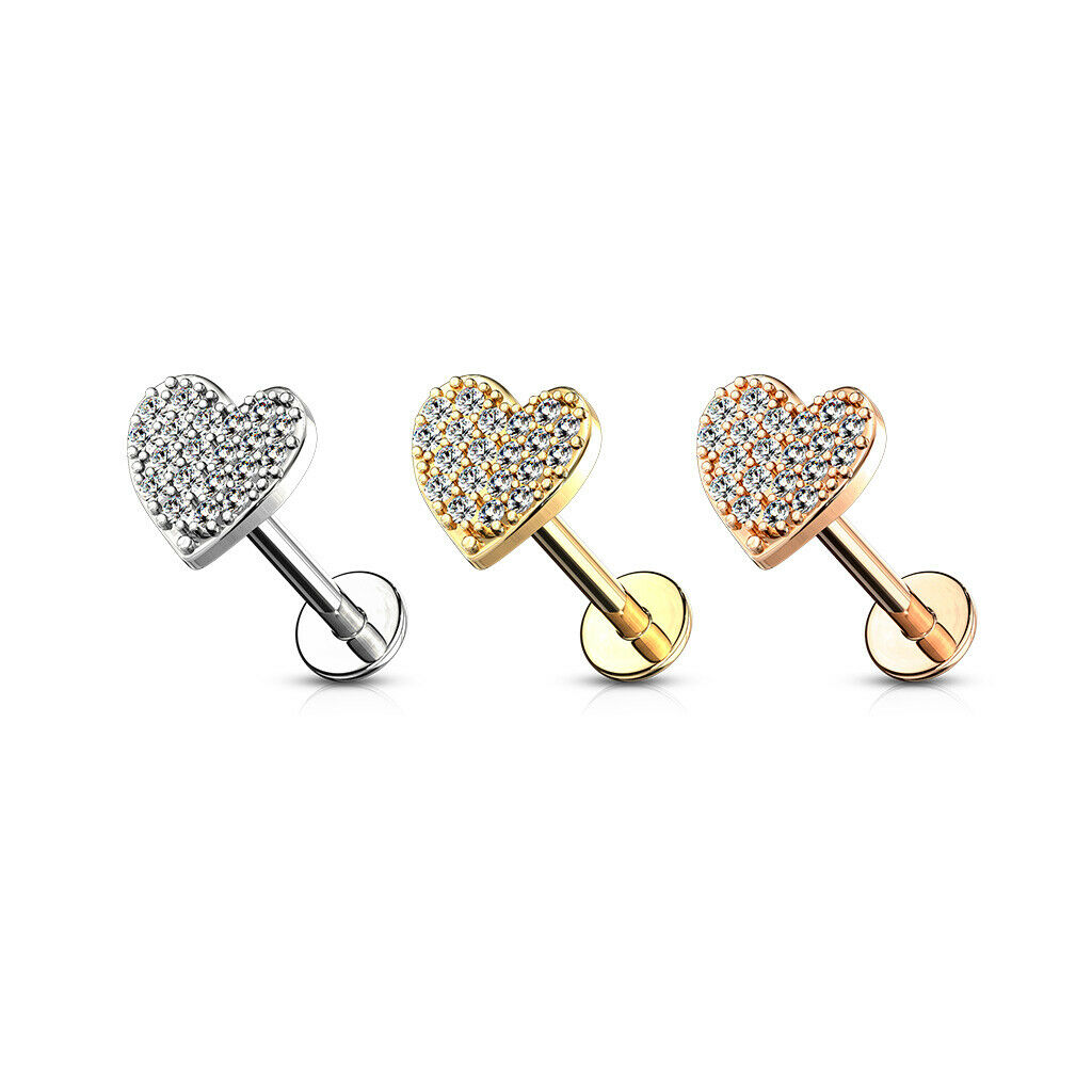 1pc CZ Paved Heart 16g Labret Internally Threaded Steel Monroe Tragus Helix
