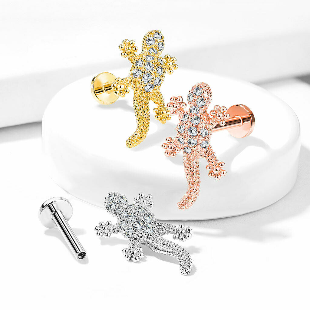 1pc CZ Paved Lizard 16g Labret Internally Threaded Steel Monroe Tragus Helix