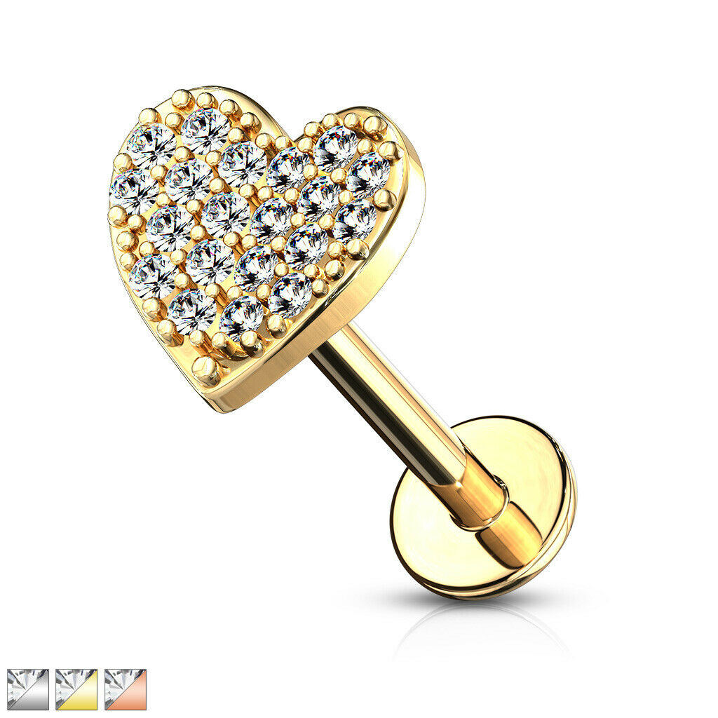 1pc CZ Paved Heart 16g Labret Internally Threaded Steel Monroe Tragus Helix