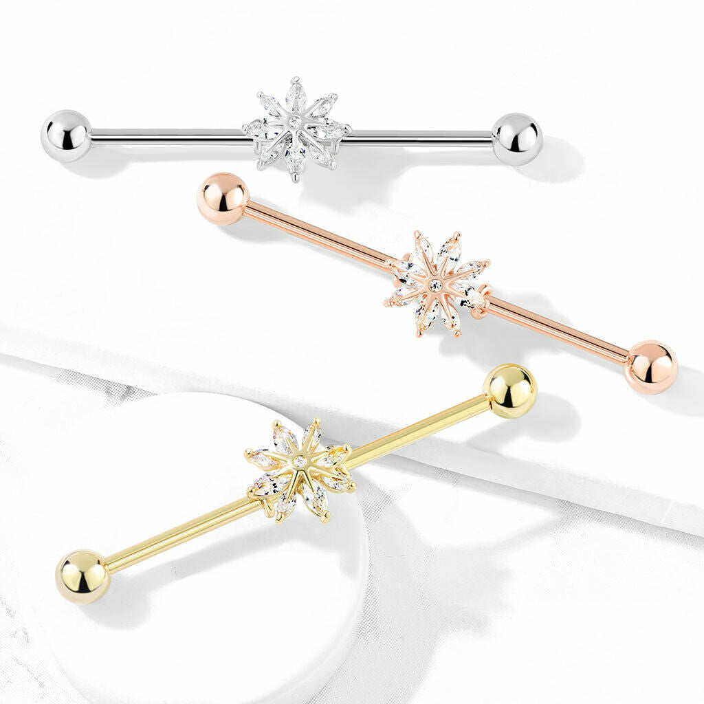 1pc Marquise CZ Gem Snowflake Industrial Barbell 38mm, 1.5", 1 & 1/2 inch inches