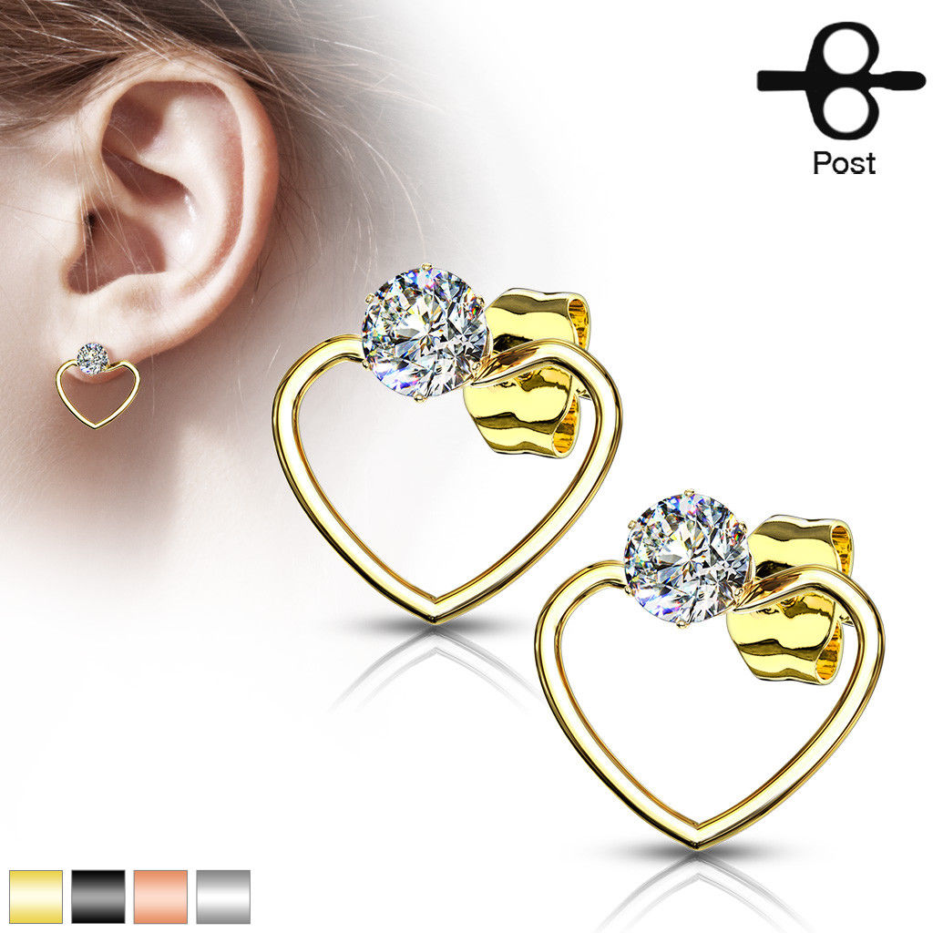 PAIR of CZ Gem Solitaire IP Stainless Steel 20g Earrings w/ Heart
