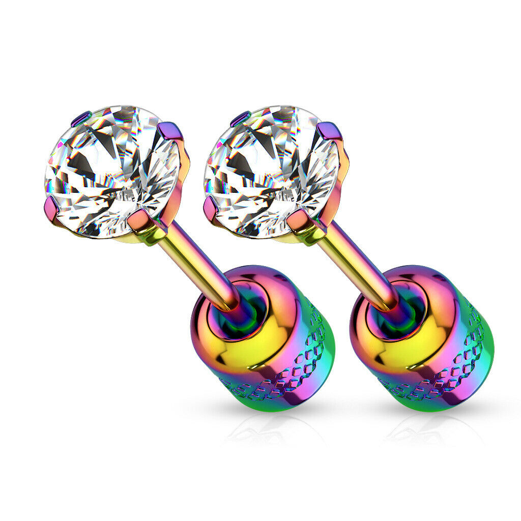 PAIR Prong Set CZ Gem Stud Rainbow Earrings w/ Gem Centered Screw Back Steel