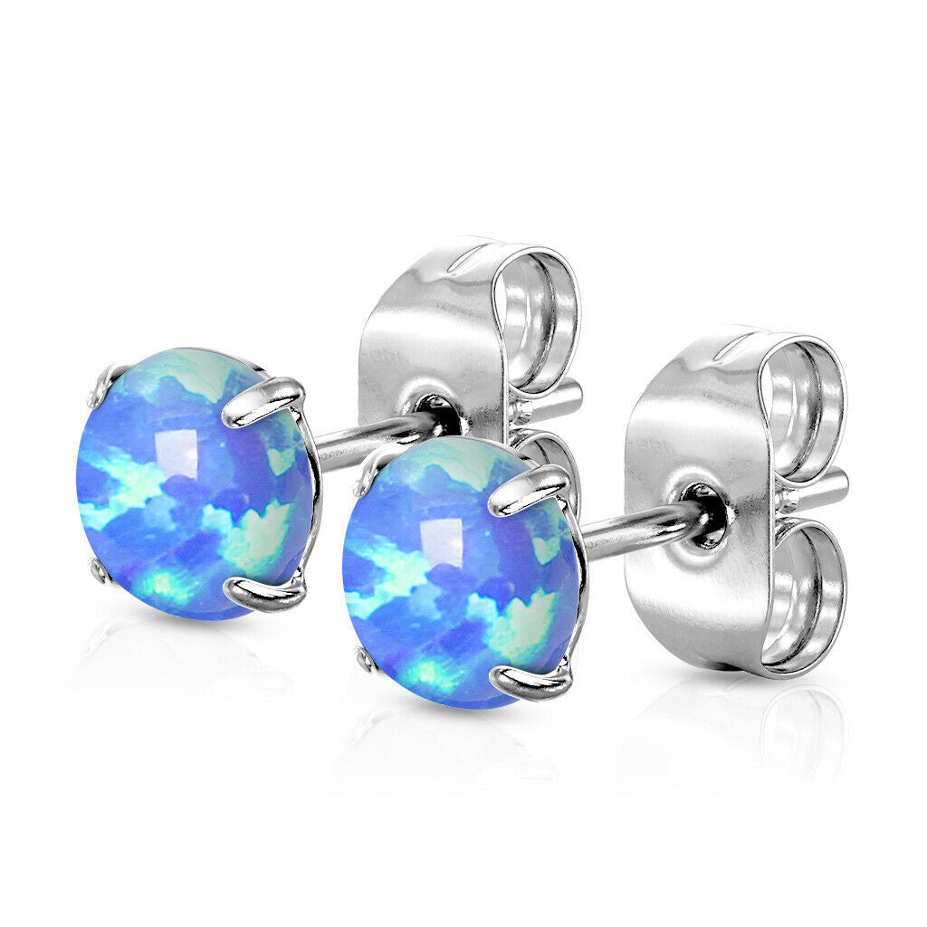 PAIR Prong Set Opal Earrings 316L Surgical Steel - choose from 2 colors, 3 sizes