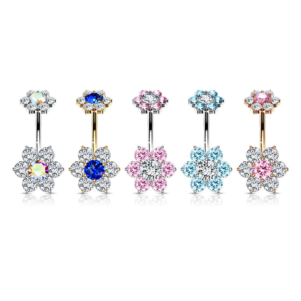 1pc Double 7 Gem Flower Internally Threaded Belly Ring