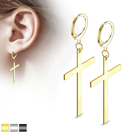 PAIR Hoop Earrings w/ Large Cross Dangle Stainless Steel - Gold, Black or Silver