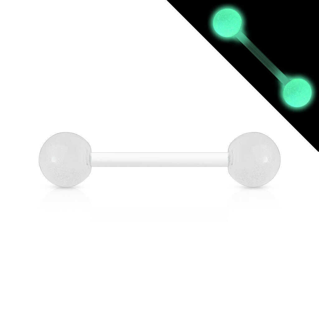 PAIR Flexible Barbell Nipple or Tongue Rings PTFE Glow In The Dark NO METAL