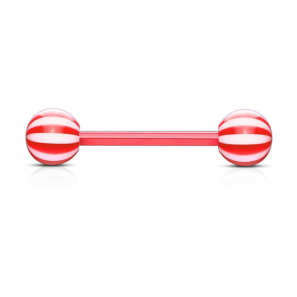 PAIR Flexible Barbell Nipple or Tongue Rings PTFE Candy Striped NO METAL