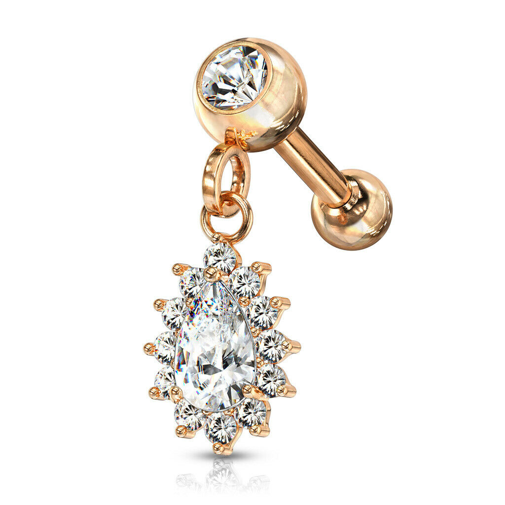 1pc CZ Gem Pear Dangle Surgical Steel Tragus Cartilage Barbell Ring 16g 1/4