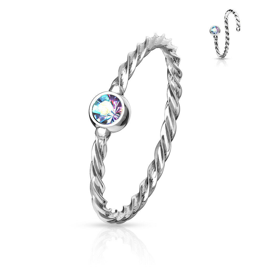 1pc Bendable Steel Twisted Rope Gem Nose Hoop Cartilage Ring Rook Daith Helix
