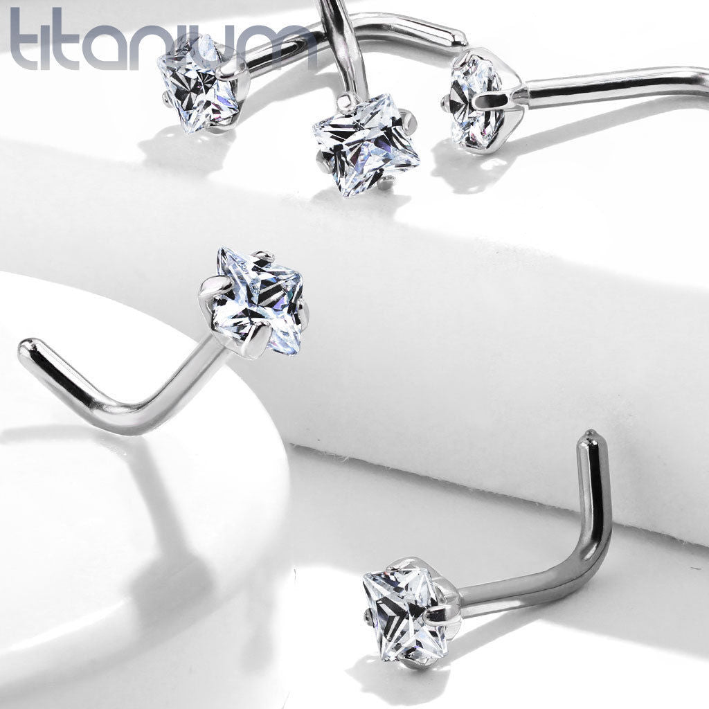 1pc Solid Grade 23 Titanium L-Bend Nose Ring w/ Square CZ Gem