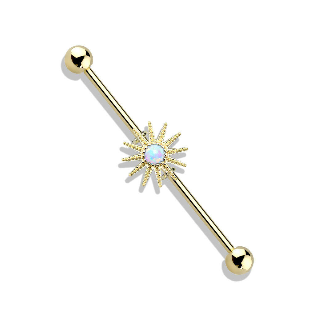 1pc Opal Center Sunburst Industrial Barbell Sun 38mm, 1.5", 1 & 1/2 inch inches