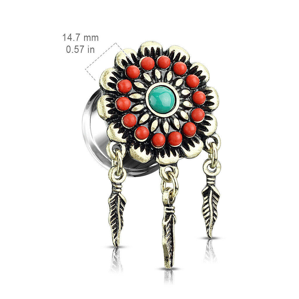 PAIR Red & Turquoise Flower w/ Feather Dangles Double Flare Tunnel Plugs Gauges