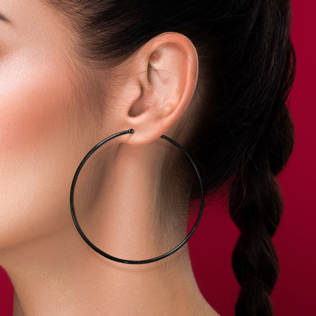 PAIR of Round Hoop Earrings 22g Black Ion Plated Stainless Steel