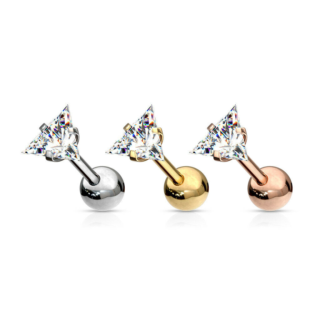 1pc Triangle CZ Gem Ion Plated Tragus Stud Helix Cartilage Ring Earring 16g 1/4"