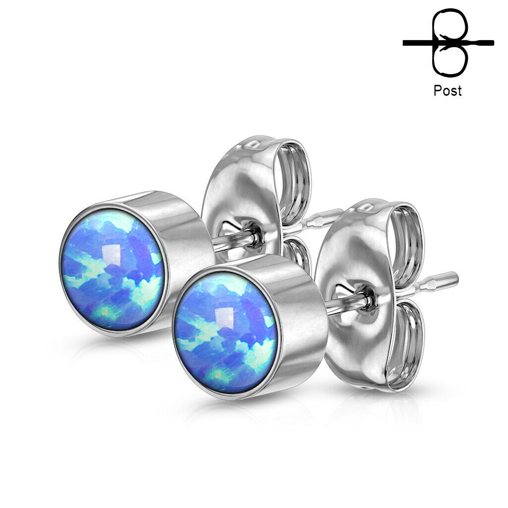 PAIR of Round Opal Bezel Set Earrings 20g 316L Stainless Steel