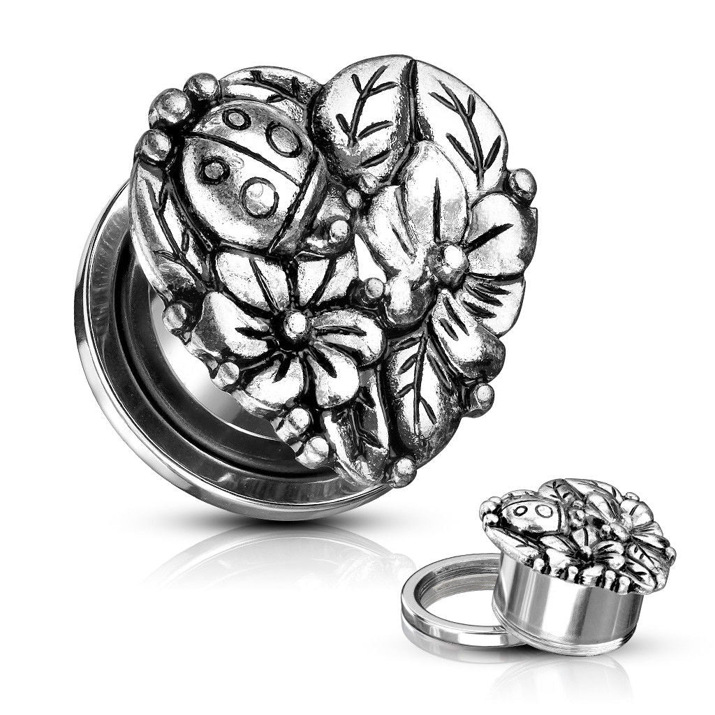 PAIR Heart, Flowers, Ladybug Steel Screw Fit Tunnels Plugs - Only 14mm Left In Stock!