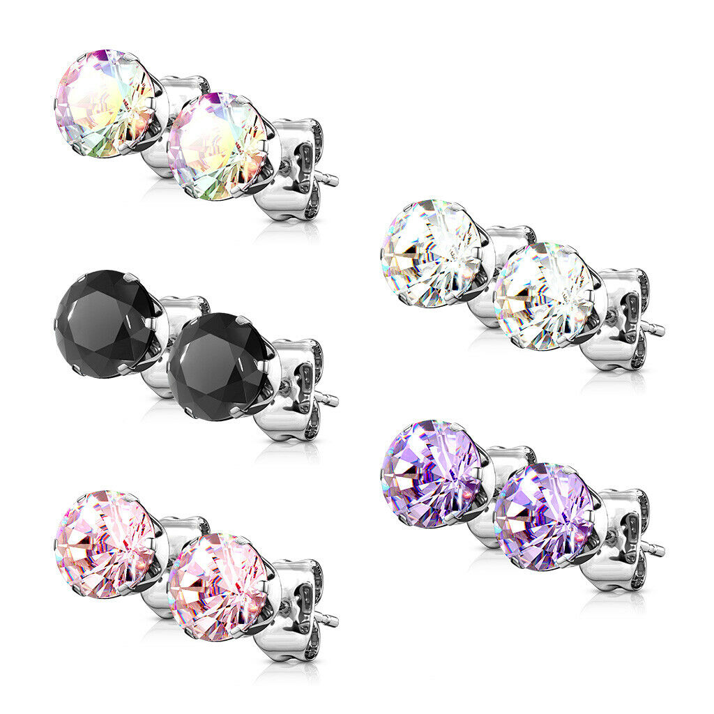 5 PAIRS CZ Gem Stud Earrings 316L Stainless Steel retail / display peggable card